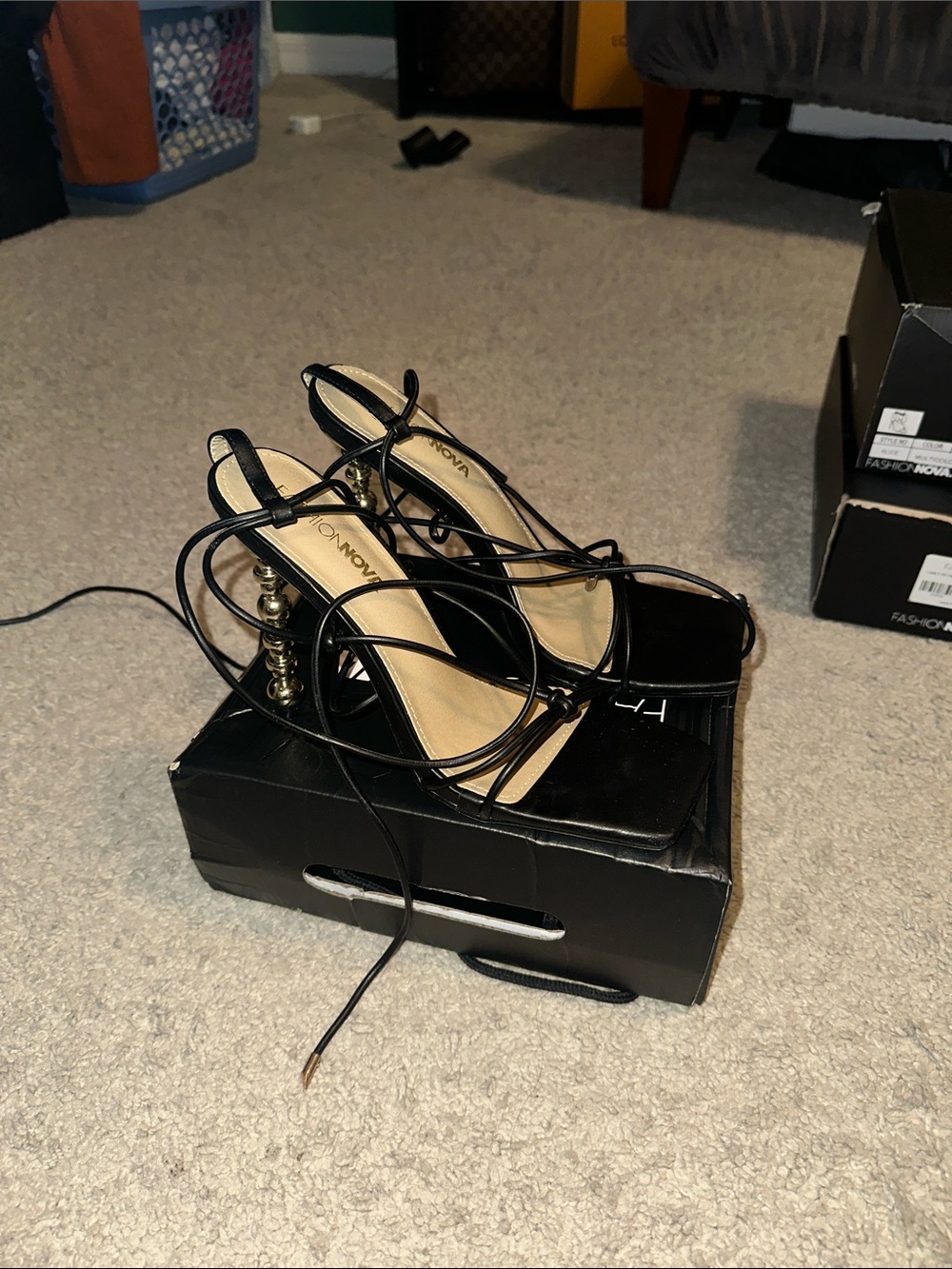 Fashion Nova Black Lace-Up Strappy Heeled Sandals with Gold Accent